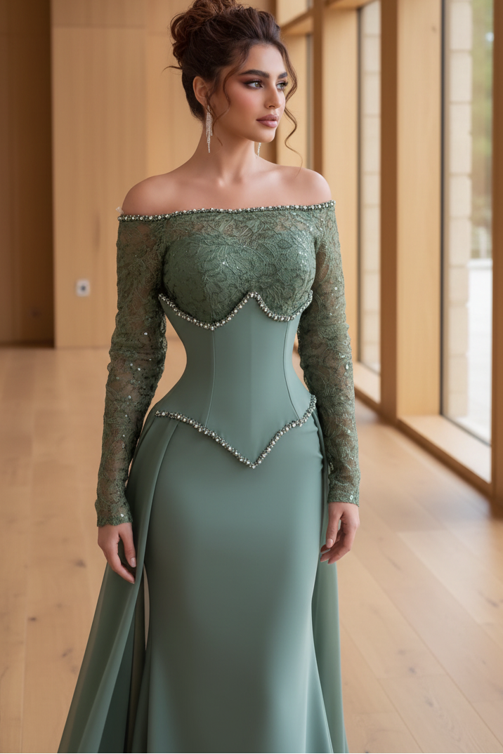 Green Sheath Corset Long Lace Sleeves Off Shoulder Evening Dress