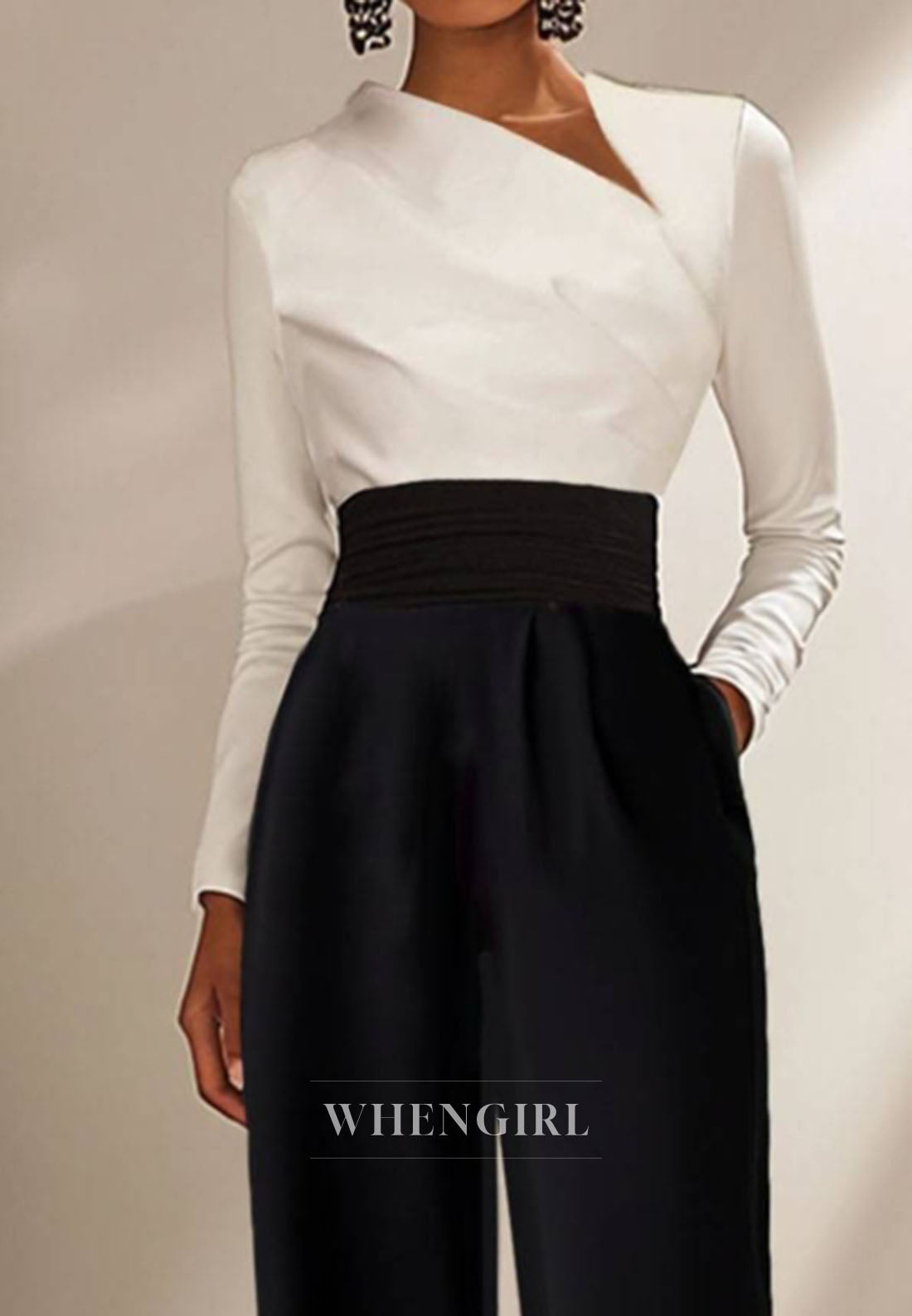 Causal Work Business Jumpsuit Empire Waist Satin Wide-Leg Black Jumpsuit