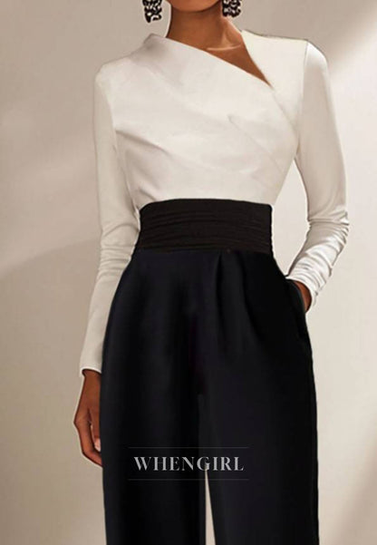 Causal Work Business Jumpsuit Empire Waist Satin Wide-Leg Black Jumpsuit