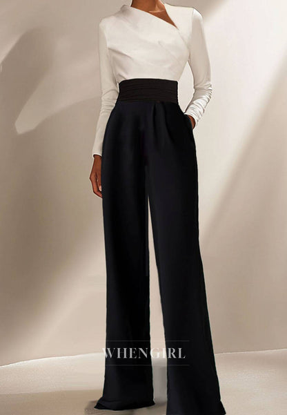 Causal Work Business Jumpsuit Empire Waist Satin Wide-Leg Black Jumpsuit