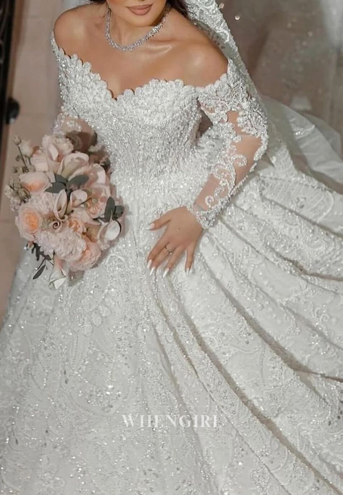 Luxury Off Shoulder Long Sleeves Beade Ball Gown Wedding Dress with Cathedral Train