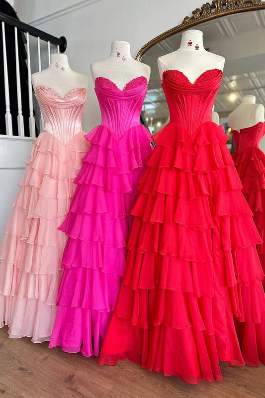 Cute A Line Sweetheart Pink Chiffon Tiered Prom Dress with Slit