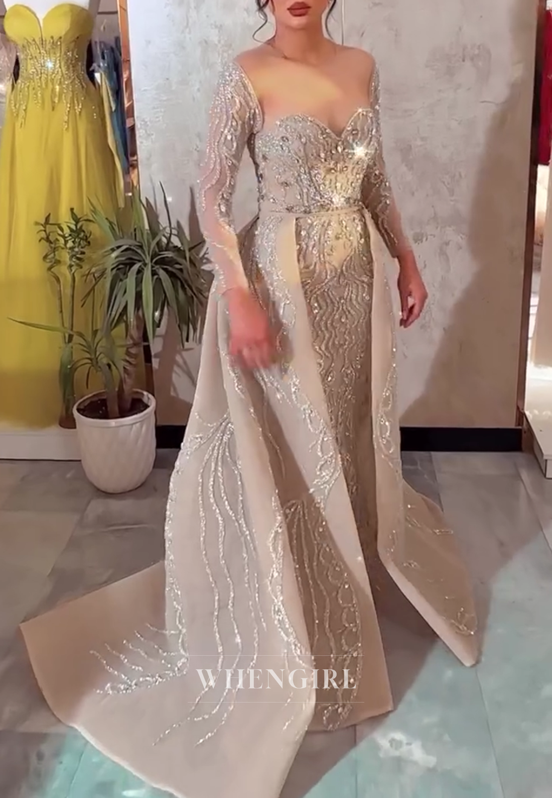 Champagne Rhinestones Beading Long Sleeves Sweetheart Sheath Formal Evening Dress with Train