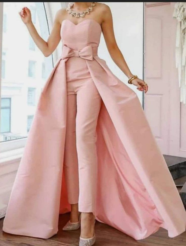Pink Jumpsuits Evening Dresses Formal Occasion Dresses Back Sexy Engagement Sweetheart Sleeveless Detachable Bow