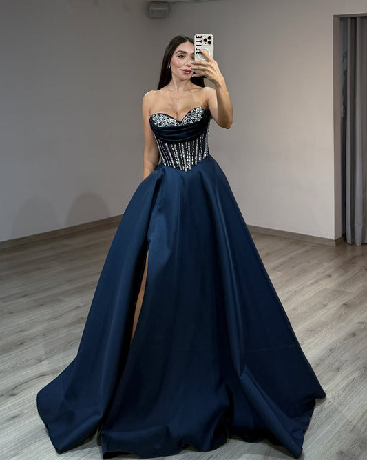Dark Navy Gorgeous Split A-Line Sweetheart Beaded Prom Dress With Pocket