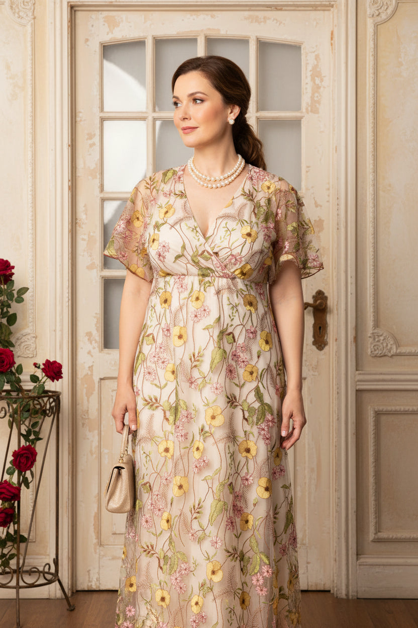 Embroidered V neck Short Sleeves Column Mother of the Bride Gown