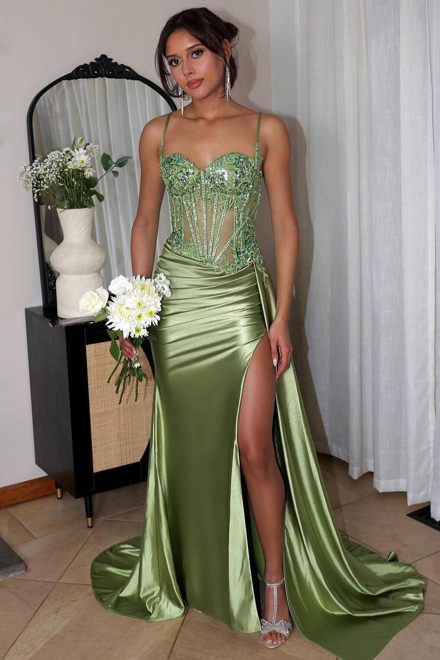 Satin Lace Beaded Prom Dresses Long Sweetheart Evening Dresses with Slit