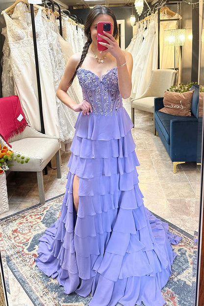 Sparkly Lilac A-Line Prom Dresses Long for Women Corset Ruffles Party Gowns