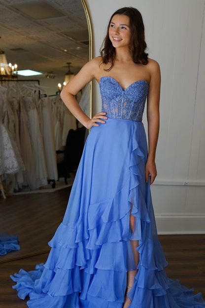Blue A-Line Corset Long Prom Dress Ruffles Strapless Evening Gowns with Slit