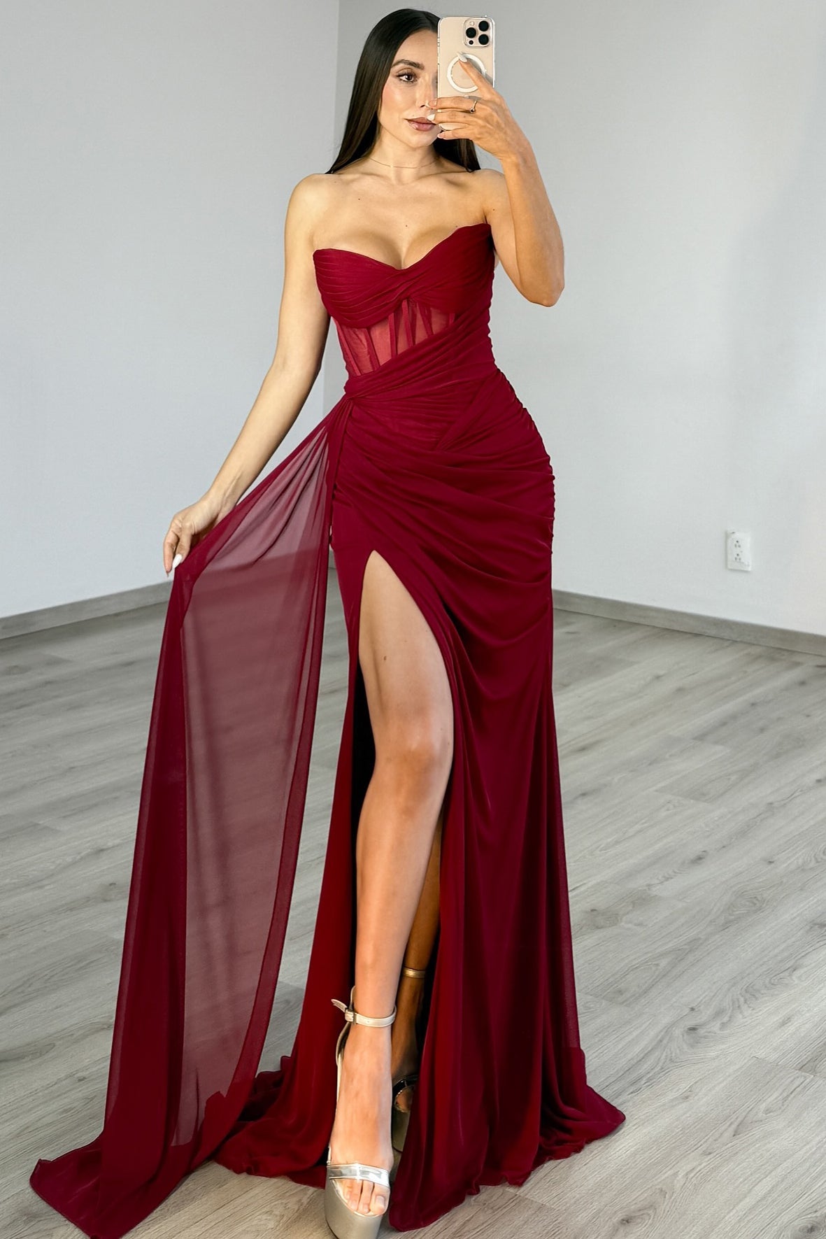 Burgundy Strapless Chiffon Long Prom Dresses Sweetheart Mermaid Evening Gowns