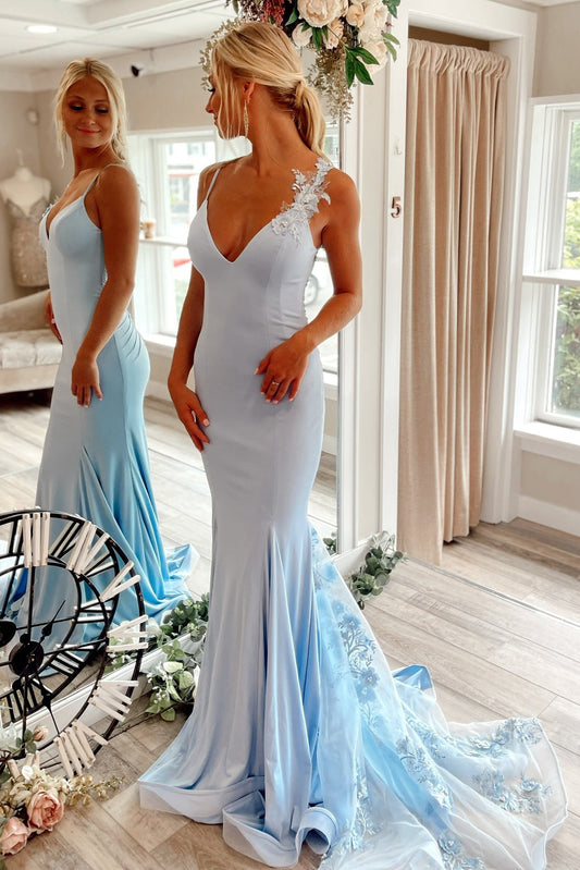 Light Blue Satin Lace Appliques Prom Dresses Long V Neck Evening Gowns