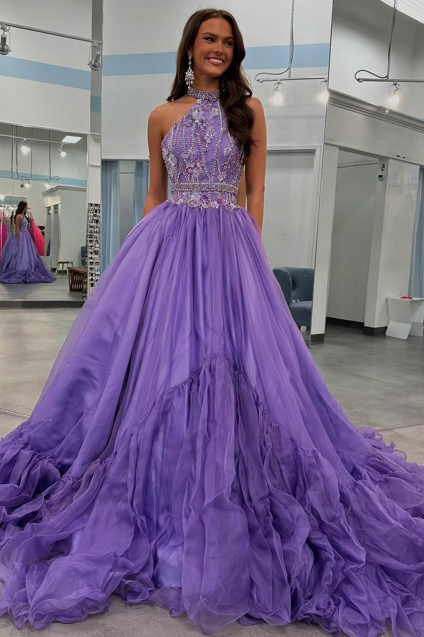 Regency A Line Tulle Beaded Prom Dresses Long Halter Neck Party Gowns