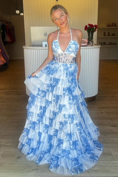 A Line Tulle Floral Print Prom Dresses V Neck Evening Gowns with Ruffles