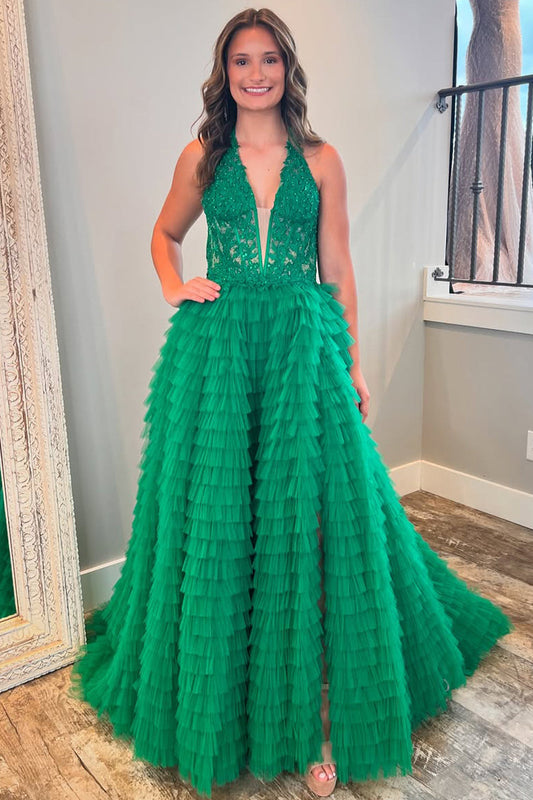 Green V Neck A Line Long Prom Dresses Tulle Lace Ruffles Evening Gowns