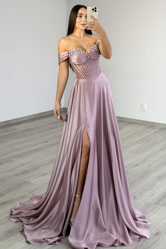 A Line Satin Beaded Prom Dresses Long Sweetheart Party Evening Gowns