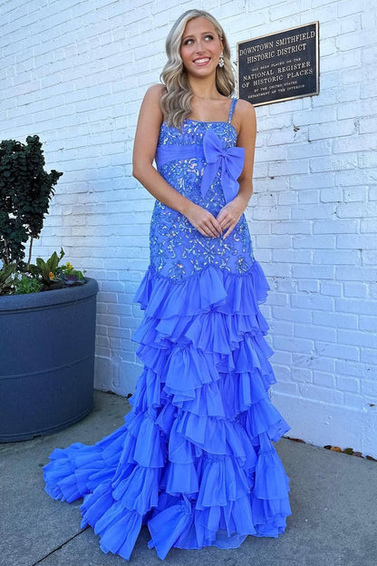 Mermaid Lace Beaded Prom Dresses for Women Evening Gowns with Chiffon Ruffles