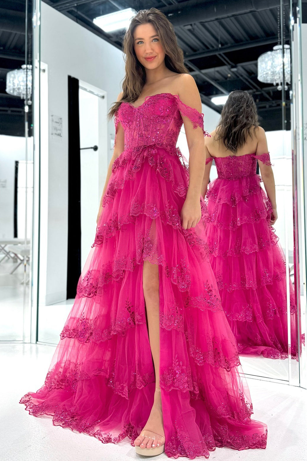 Fuchsia Tulle Lace Appliques Prom Dresses Long A Line Evening Gowns with Ruffles