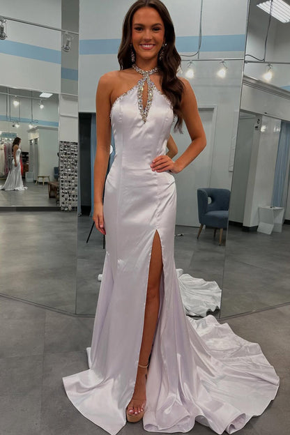 White Mermaid Halter Neck Satin Evening Dresses Long Sequin Beaded Prom Gowns