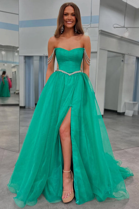 Green A Line Tulle Prom Dresses Long Off Shoulder Sequin Beaded Evening Gowns