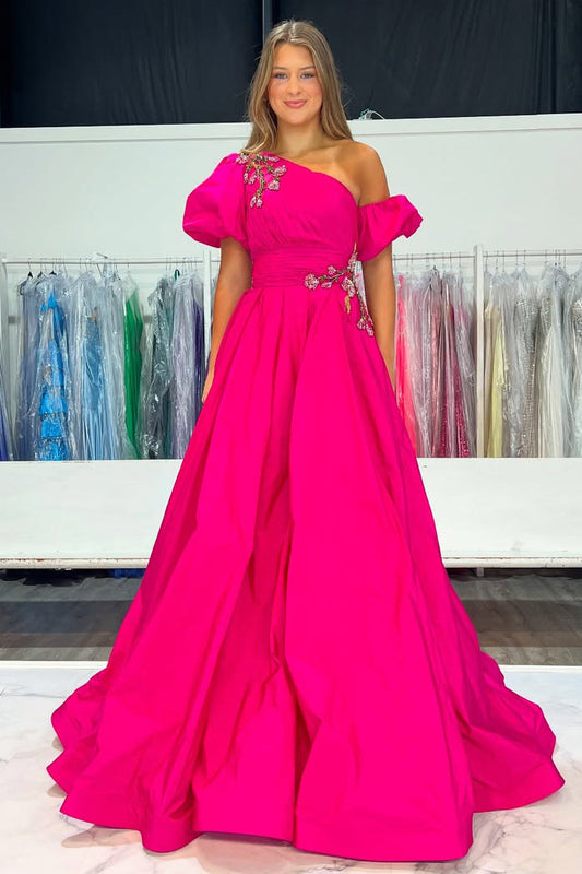 A Line Prom Dresses Long One Shoulder Satin Appliqued Evening Gowns