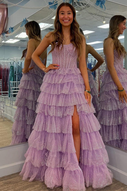 Lilac Elegant Glittery Tulle Prom Dresses Sweetheart A Line Evening Gowns with Slit