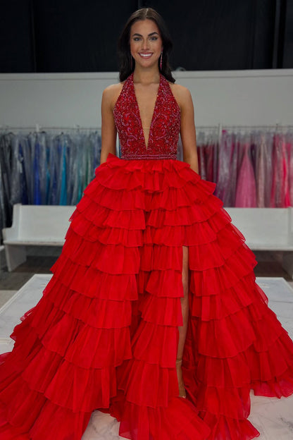 A Line Tulle Ruffles Prom Dresses Long V Neck Sequin Beaded Evening Gowns