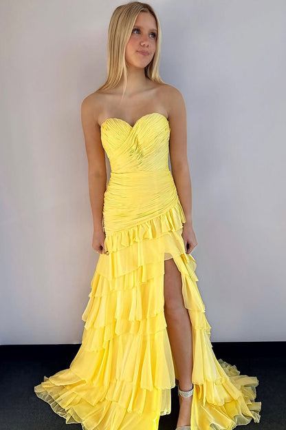 Yellow Sweetheart Prom Dresses Long Chiffon Ruffles Evening Gowns