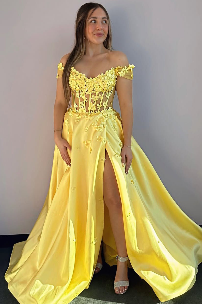 Yellow Satin 3d Flowers Prom Dresses Long with Slit A Line Corset  Evening Gowns