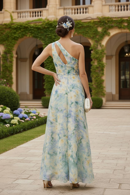 Light Green A Line One Shoulder Cut Out Long Floral Dress with Slit