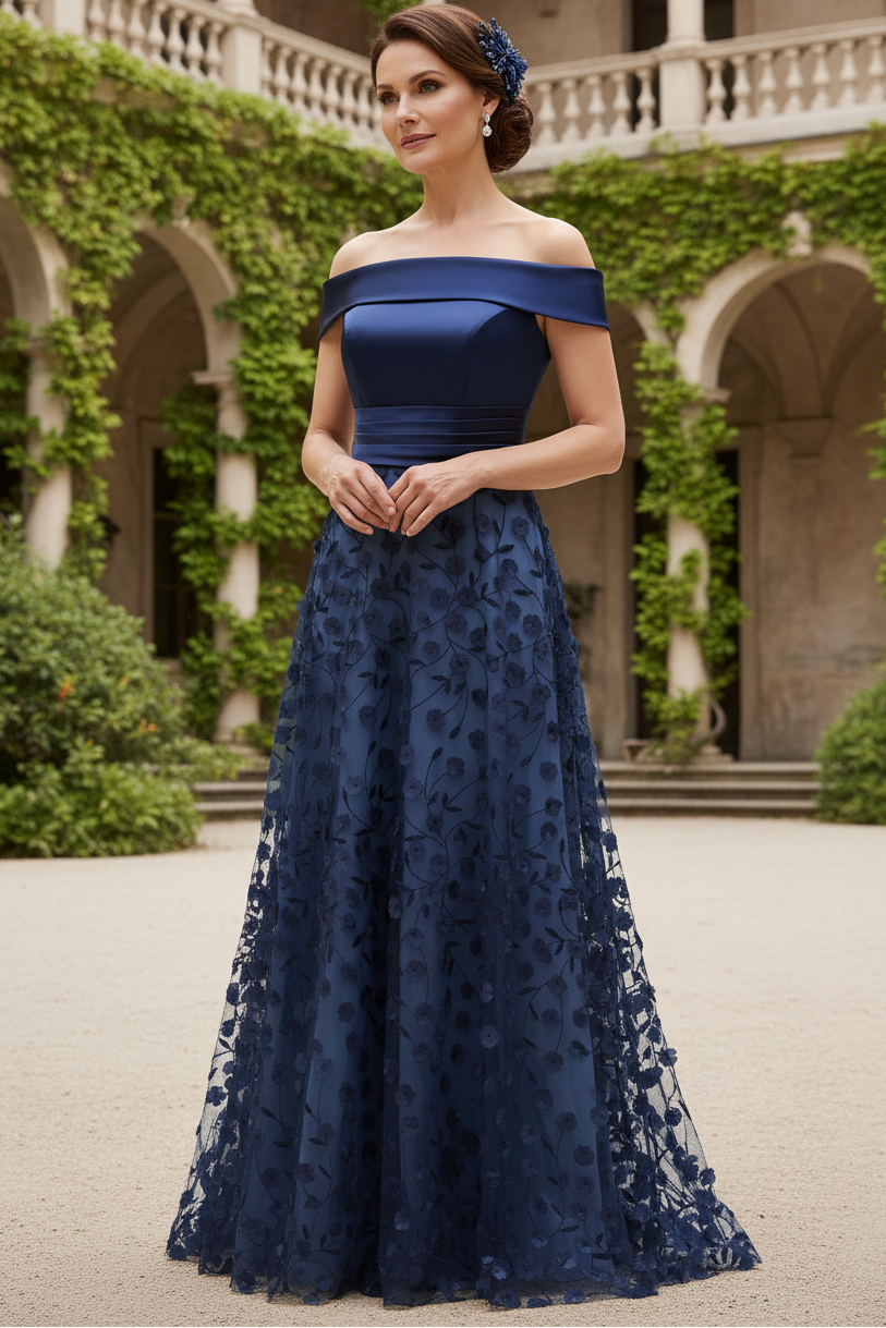 Navy A Line Off The Shoulder Sequins Long Mother of the Bride Dress