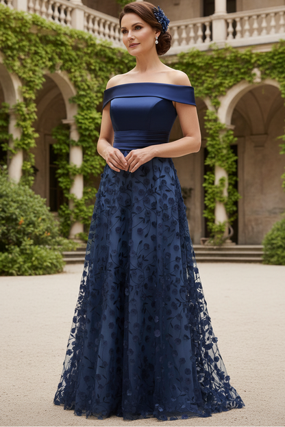 Navy A Line Off The Shoulder Sequins Long Mother of the Bride Dress