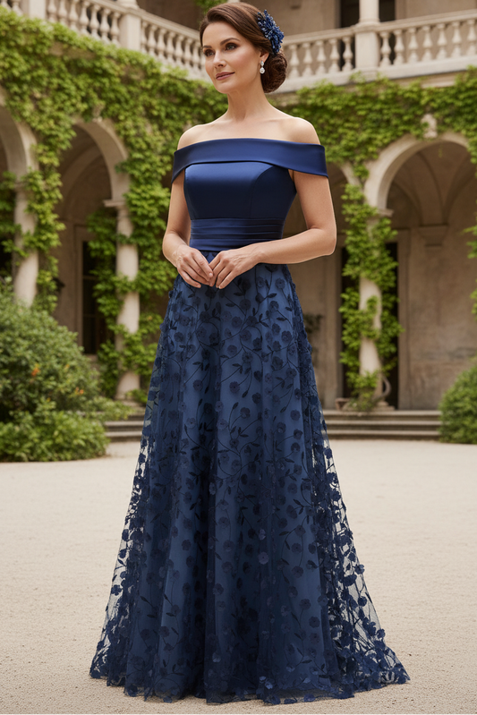 Navy A Line Off The Shoulder Sequins Long Mother of the Bride Dress