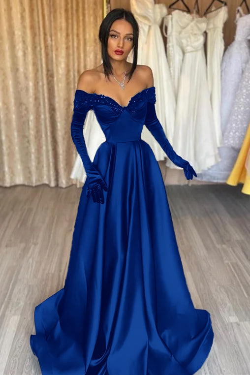 Glamorous Black Off the Shoulder Long Sleeves A Line Evening Dress with Appliques