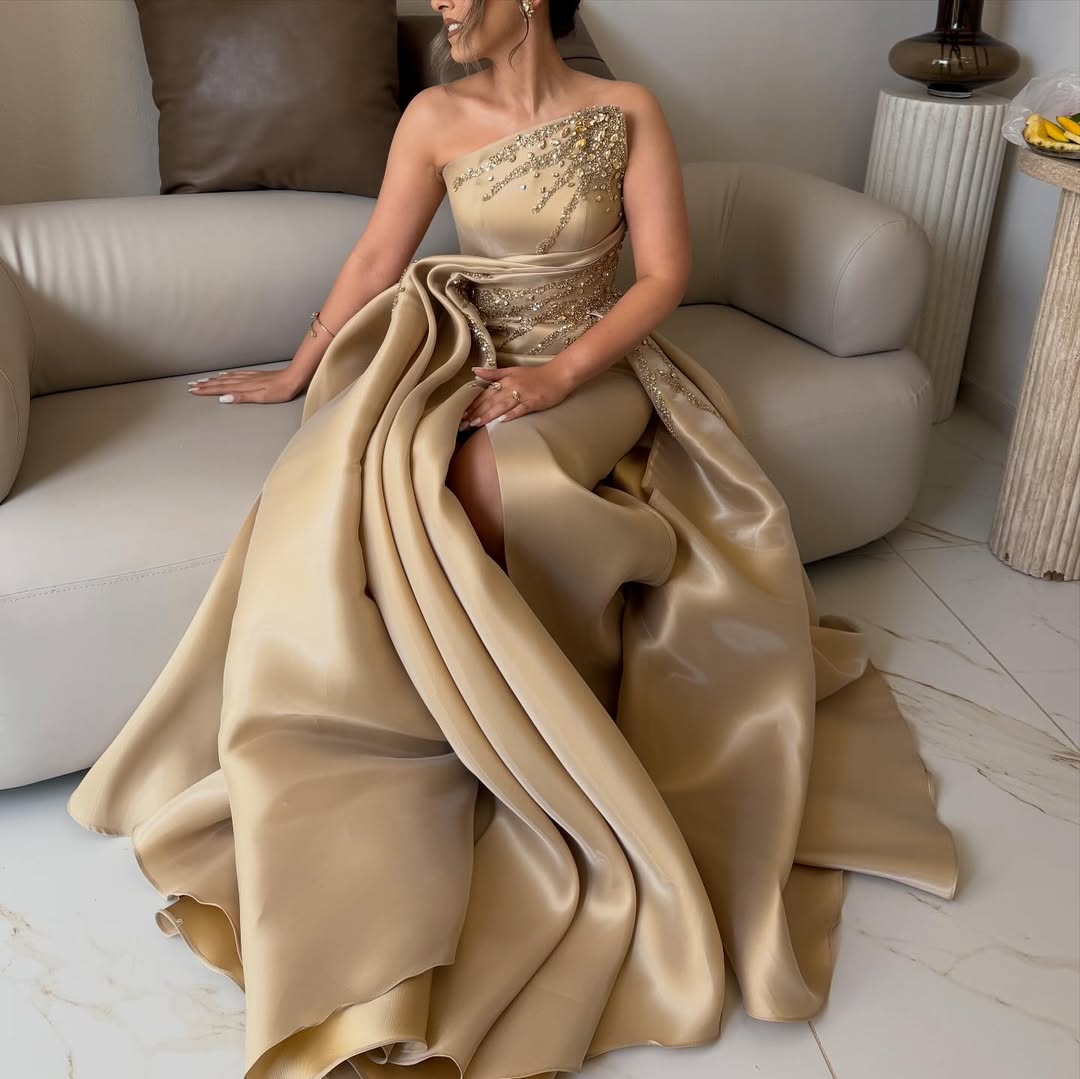 Pleated Radiant Gold Straight Across Rhinestone Sleeveless Evening Dress