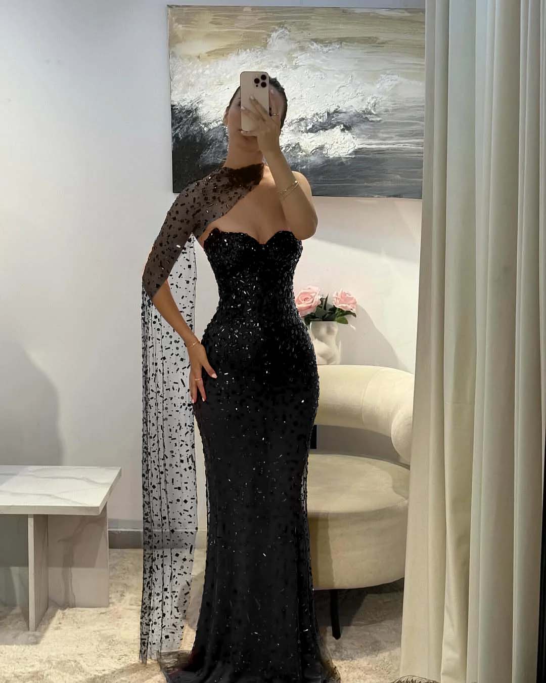 Beaded Straight Across Mermaid Red Glamorous Prom Dress With Scarf