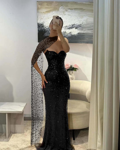 Beaded Straight Across Mermaid Red Glamorous Prom Dress With Scarf