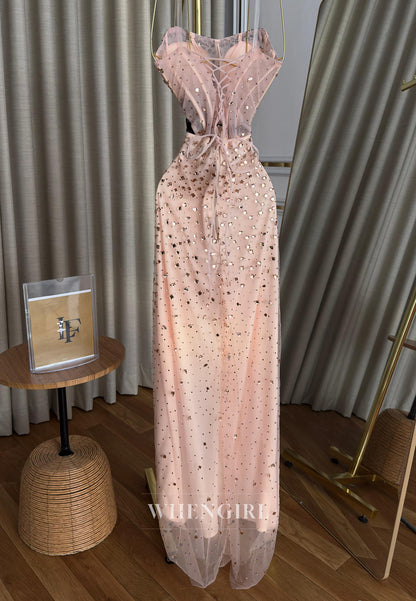 Sheath Full Beaded Strapless Sleeveless Pleated Side Slit Formal Prom Dress