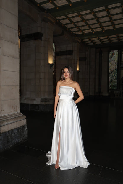 Tube Top Sleeveless Draped Side Slit Wedding Dress