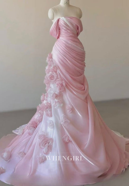 Pink Off Shoulder Ruched Floral Mermaid Sweep Train Lace Up Formal Evening Dress
