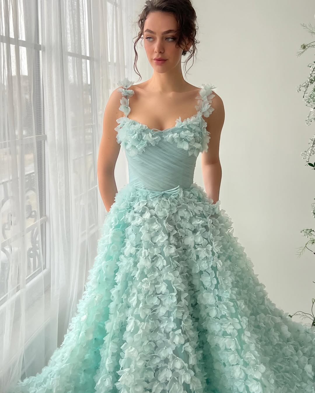 Flower Dreamy Spaghetti-Straps Mint Green Sleeveless Prom Dress