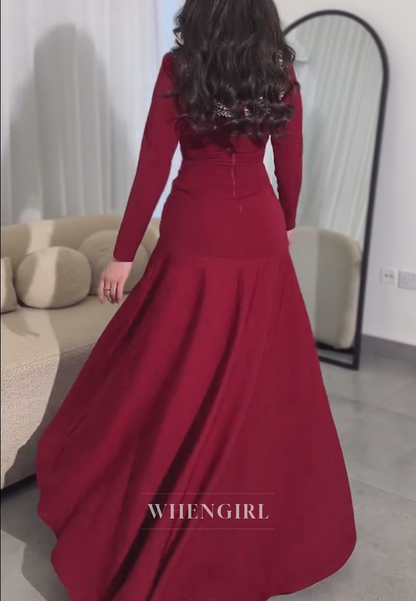 Burgundy Rhinestones Beading Long Sleeves Pleated Back Zipper High Neck A-Line Evening Gown