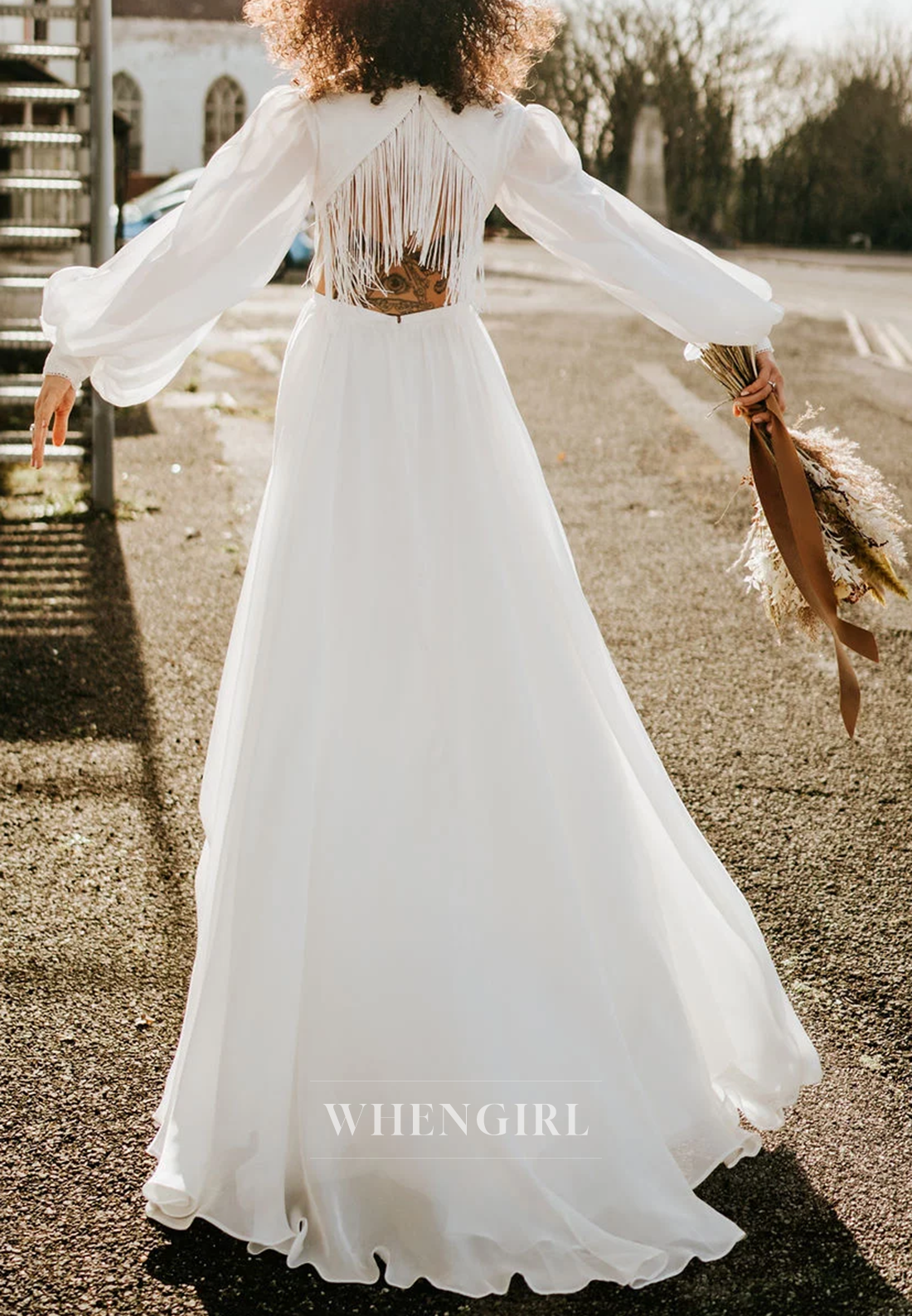 A-Line V Neck Long Puff Sleeves Sweep Trian Tassel Beach Wedding Dress