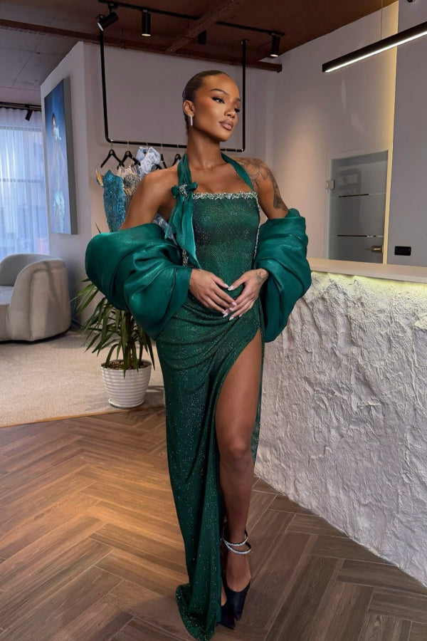 Dark Green Halter Prom Dress Sleeveless Pleated with Rhinestone