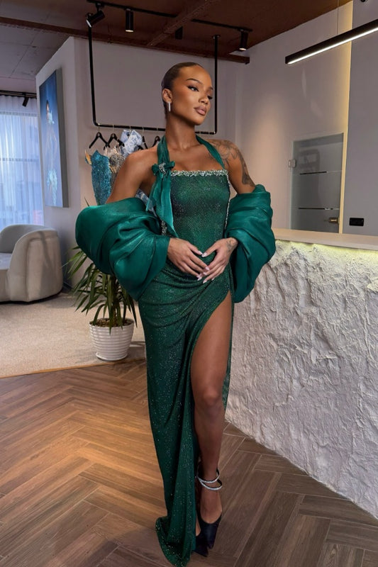 Dark Green Halter Prom Dress Sleeveless Pleated with Rhinestone