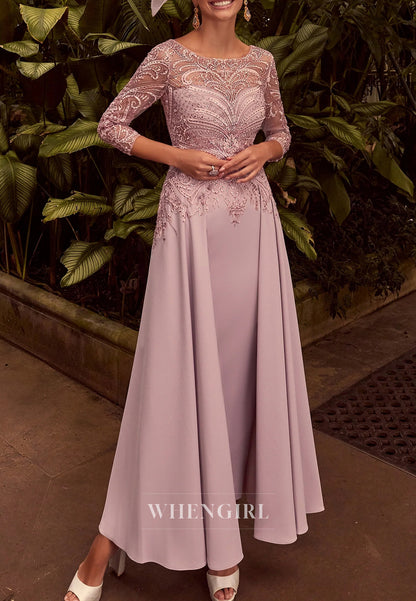 Dusty Pink Bateau Neck Beaded 3/4 Sleeves A-Line Ankle Length Mother of the Bride Dress