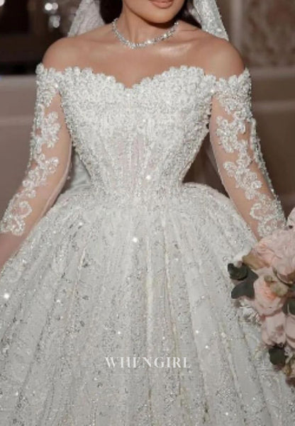 Luxury Off Shoulder Long Sleeves Beade Ball Gown Wedding Dress with Cathedral Train