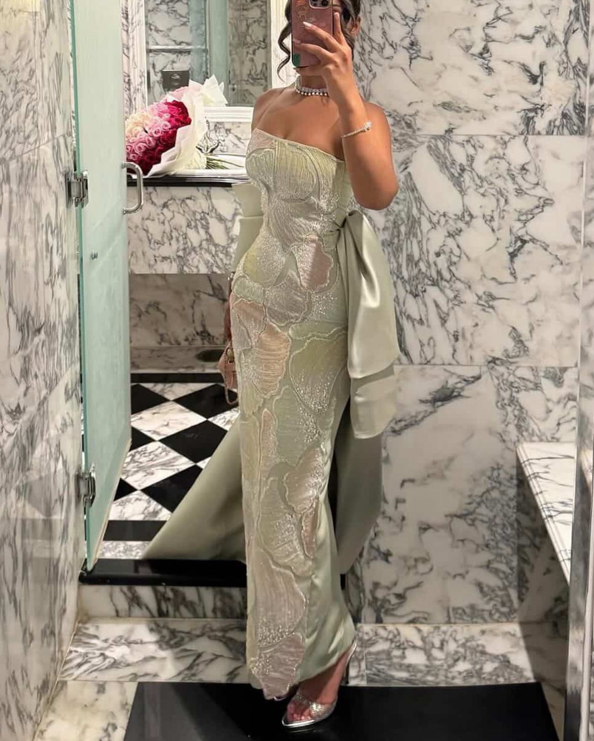 Dusty Sage Tube Top Sheath Sleeveless Floral Sweep Train Evening Formal Dress