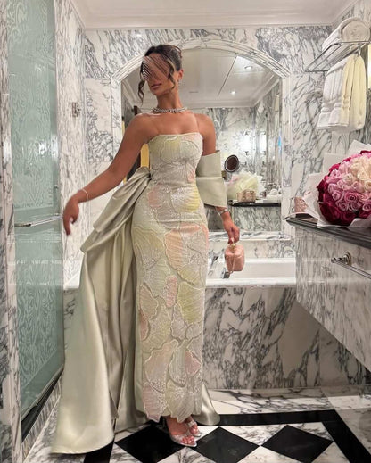 Dusty Sage Tube Top Sheath Sleeveless Floral Sweep Train Evening Formal Dress