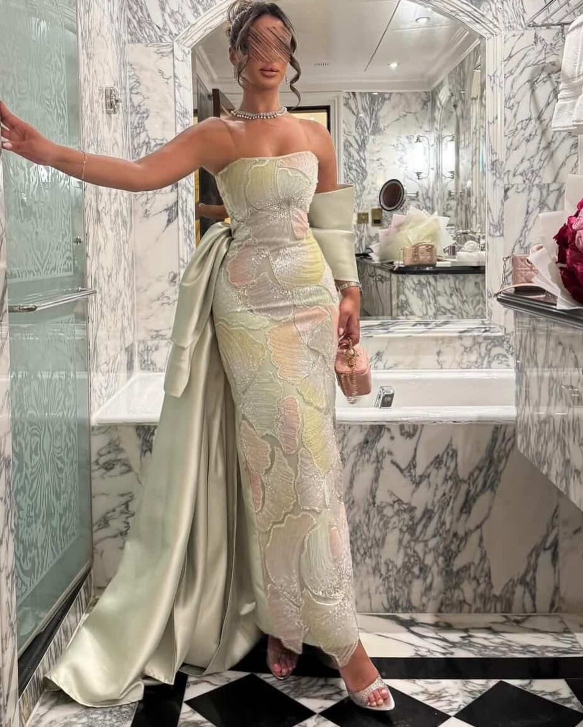Dusty Sage Tube Top Sheath Sleeveless Floral Sweep Train Evening Formal Dress