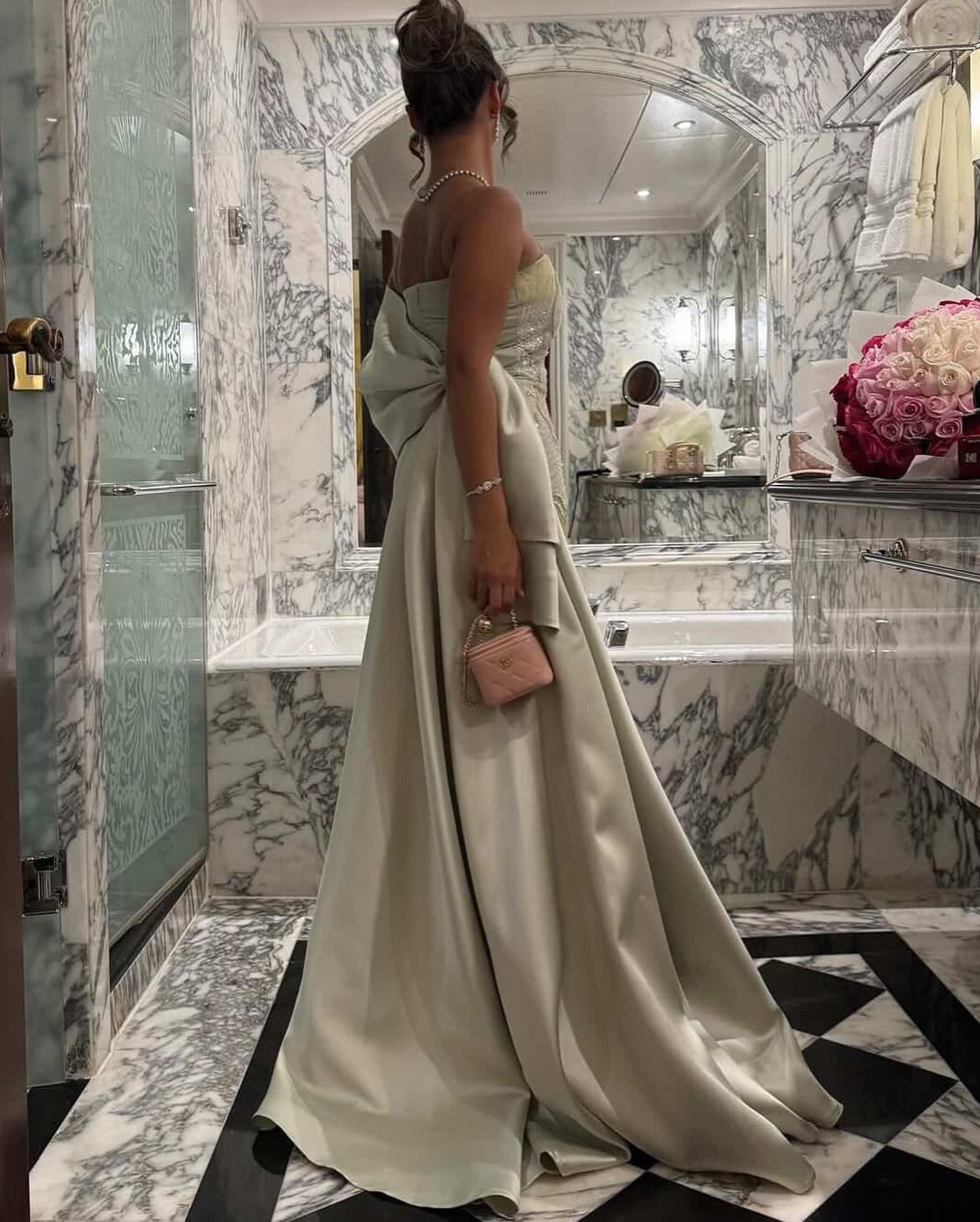 Dusty Sage Tube Top Sheath Sleeveless Floral Sweep Train Evening Formal Dress